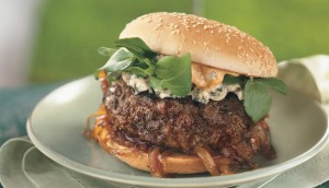 Andouille and Beef Burger with Spicy Mayo and Caramelized Onions via bon appetit